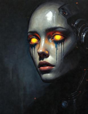 The primary subject of the image is a woman with a unique and striking appearance. She has a mix of human and robotic features, with glowing eyes and a silver head. The setting is a dark room, which adds to the overall mood of the image. The visual style is a combination of digital art and illustration, creating a surreal and intriguing scene. The colors in the image are predominantly dark, with the glowing eyes and silver head providing a contrasting and eye-catching element.